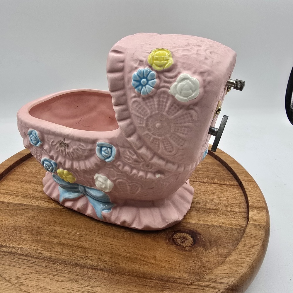VTG Baby Bassinet Planter Sankyo ROCKABYE BABY Music Box WORKS Pink Japan